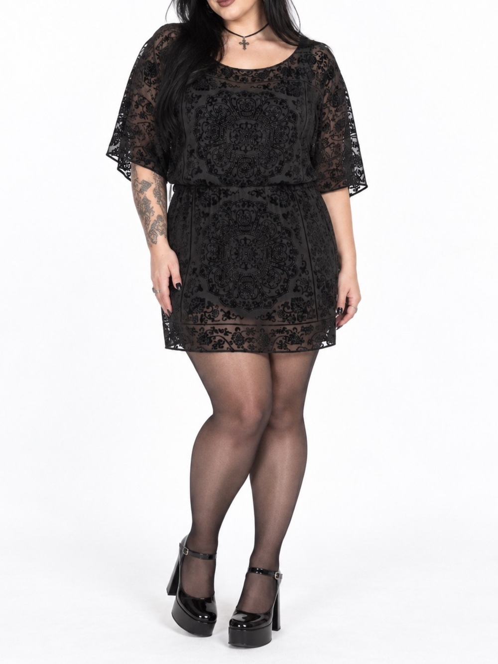 V by Cristina XL Black Velvet Flocked Dress Gothic Vampire Whimsigoth Y2K Grunge - Picture 3 of 8